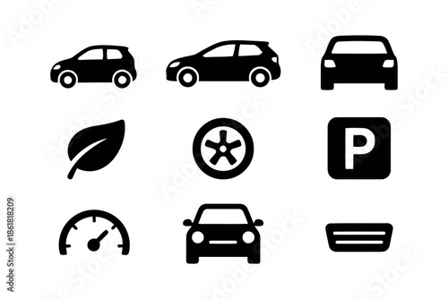 Set of black hatchback and car icons isolated on white background