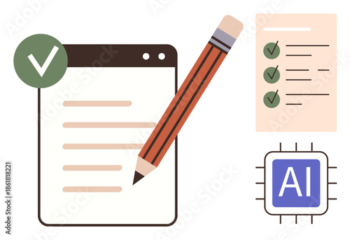 Page with text, pencil, checklist with green checkmarks, AI chip. Ideal for AI tools, content creation, productivity, task management technology automation innovation. Simple flat metaphor