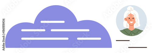 Cloud shape with line patterns next to smiling woman avatar. Ideal for cloud storage, online profile, user account, technology, communication, networking, data sharing. Simple flat metaphor