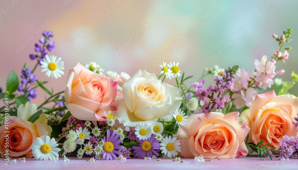 Beautiful bouquet of peach roses and wildflowers on pink surface