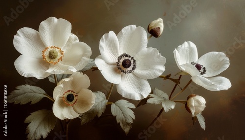 Beautiful white anemone flowers in a bouquet with green leaves