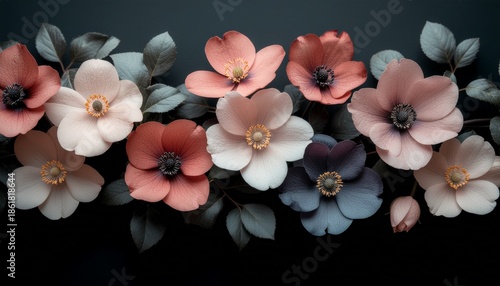 Vibrant anemone flowers in pastel shades on dark background