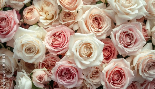 Beautiful bouquet of white and pink roses in full bloom