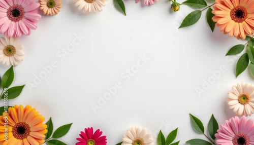 Vibrant flowers in pink, orange, and white on white background