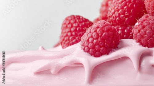 Soft, velvety pink mousse is adorned with a cluster of fresh raspberries, creating a delightful contrast of colors and textures. This luscious treat invites a moment of indulgence