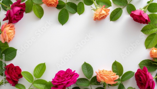 Vibrant roses and green leaves forming a floral border on white background