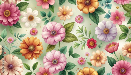 Vibrant colorful flowers with green leaves on light background