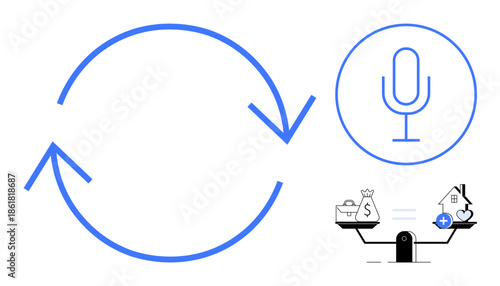 Audio recording concept. Audio recording ed with microphone symbol, circular arrows for continuous process, and a balance scale highlighting finances and healthcare. For podcasts, technology