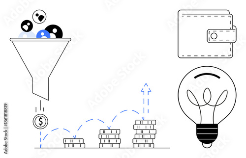 Business growth, financial strategy, marketing analytics, innovation, money management, entrepreneurship. A funnel transforms users into coins, stacked coins revenue, with a wallet and light bulb