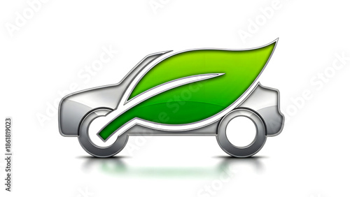 Silver car with a green leaf on a white background