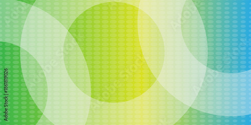 Dynamic gradient abstract background in green and blue tones with circular shapes and dotted patterns
