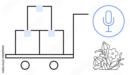 Logistics, audio technology, nature inspiration, packaging, delivery, creativity. Hand truck with boxes, microphone and flowers. Logistics and audio technology concepts for multiple industries