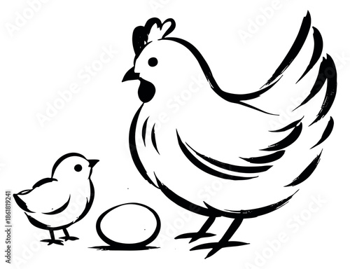 Hand drawn line art chicken family set featuring a hen, chick, and egg for farm and spring designs