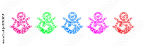 Colorful neon set of multiple variants of handshake icons with a checkmark symbol signifying agreement and success, isolated on transparent background for modern digital design.