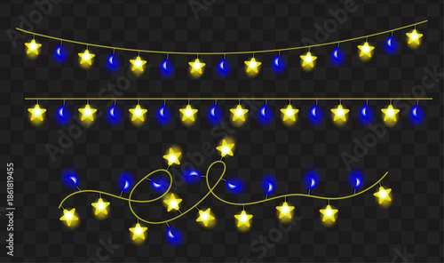 Glowing Star and Moon String Lights Decoration Isolated on Transparent Background