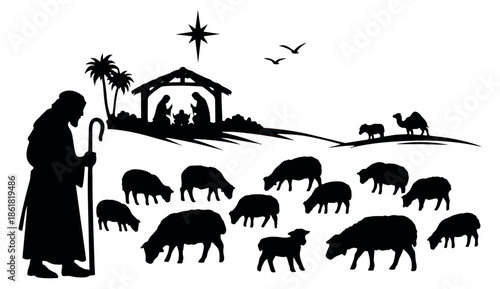 Silhouette illustration of the nativity scene depicting the birth of Jesus with a shepherd and sheep for Christmas