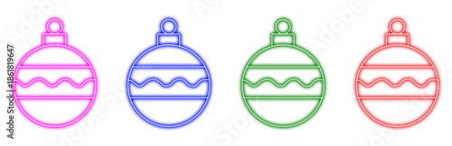 A vibrant set of four festive neon Christmas ornaments in pink, blue, green, and red, each with a distinct design featuring horizontal bands and a wavy middle section, perfect for holiday decorations.