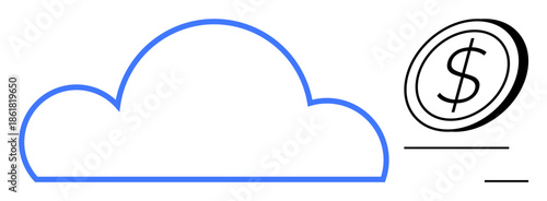 Online payments, cloud services, digital economy, fintech, data storage, e-commerce. A cloud outline with a flying coin. Online payments and cloud services concept