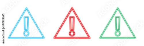 Multiple colorful variants of neon glowing triangular warning signs with exclamation marks, conveying caution and important alerts, isolated on transparent background.