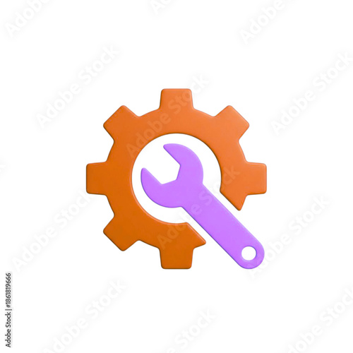 Vibrant Orange 3D Gear and Purple Wrench for Modern Software Settings and Tools