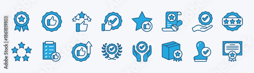 Set of Blue Line Art Icons for Quality and Approval