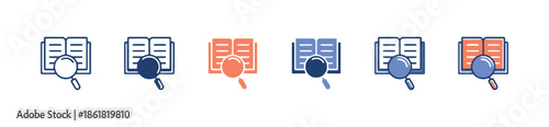 Set of Book With Magnifying Glass Icons in Various Styles Search Book Symbols for Learning Education and Research Isolated on White Background Vector Illustration