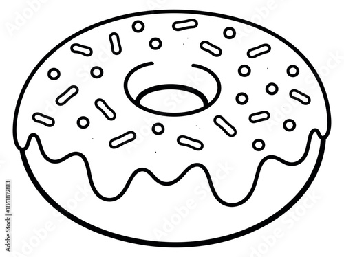 Hand drawn line art illustration of a donut depicting a sweet pastry with sprinkles for a cafe menu design