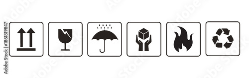 Set of Box Handling Symbols With Arrows Fragile Umbrella Hands Fire and Recycling on White Background Vector Illustration