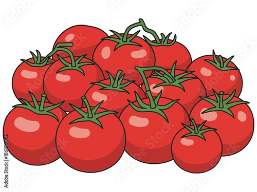 A pile of fresh red tomatoes with green stems on a white background