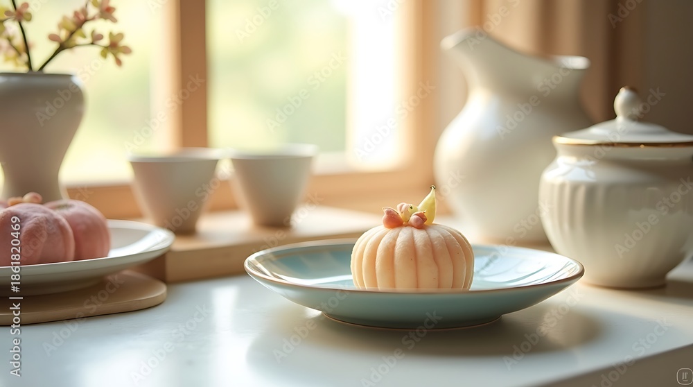 custom made wallpaper toronto digitalCalm Japanese Tea-Time Scene with Wagashi Dessert, Soft Pastel Elegant Food