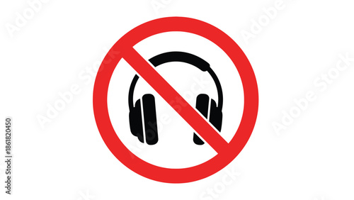 Simple graphic illustration depicting a universal prohibition sign over a black silhouette of over ear headphones indicating no music allowed