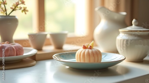 Wallpaper Mural Calm Japanese Tea-Time Scene with Wagashi Dessert, Soft Pastel Elegant Food Torontodigital.ca