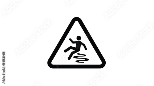 Simple black and white triangular warning pictogram clearly indicating a wet slippery floor surface hazard requiring immediate caution for pedestrians