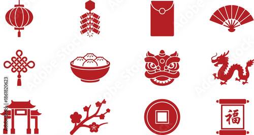  set of  minimalist   chinese new year   rea silloutte  icon  and symbole  including , lanter ,knot,  fan ,  dumpling ,lion dance head , dargon ,paifang ,gate ,plum blossom, lucky coin ,and fu scron  