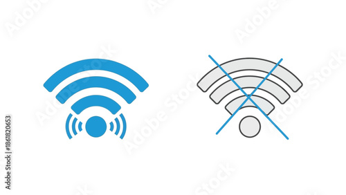 Blue connected wifi signal icon displayed next to a gray disconnected wifi symbol with a blue cross through it illustrating connection status