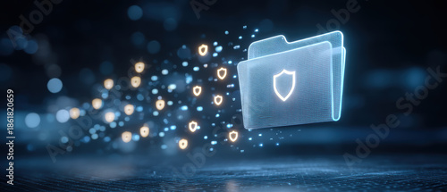 Secure blue digital folder protecting rapid data transfer with glowing shield icon