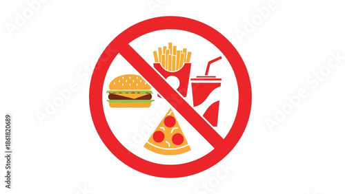 Simple graphic illustration depicting a universal prohibition sign overlaid on various popular fast food items like a burger fries and soda indicating restriction or ban on unhealthy eating habits