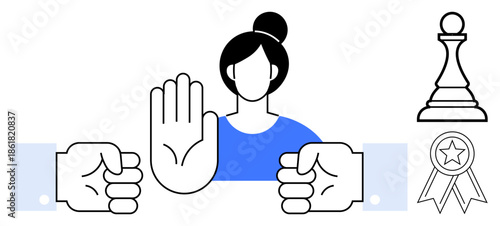 Conflict resolution, leadership, decision-making, empowerment, teamwork, peaceful negotiation. Woman raises hand to stop two clenched fists. Leadership and conflict resolution concept figuratively