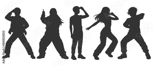 Set silhouette illustrations kpop music star idol singing and dancing on stage. Modern group dancers with various styles, poses and choreography. Korean pop cultures. Bundle flat vector rapper.