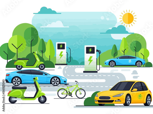 Electric vehicles charging at a modern eco-friendly station surrounded by lush greenery and clear skies