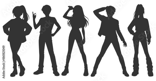Set silhouette illustrations kpop music star idol singing and dancing on stage. Modern group dancers with various styles, poses and choreography. Korean pop cultures. Bundle flat vector rapper.