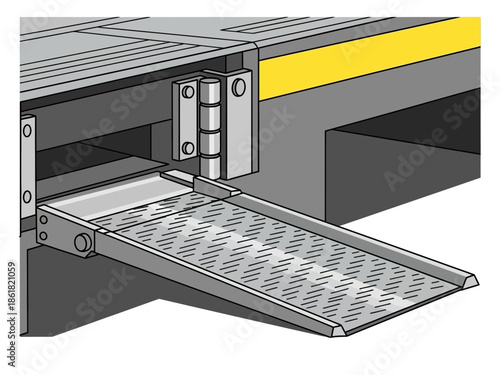 Detailed illustration of a metal dock leveler in action at an industrial loading bay
