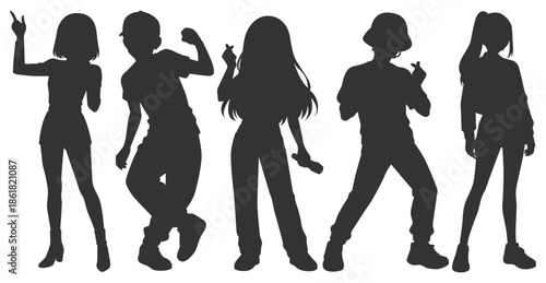 Set silhouette illustrations kpop music star idol singing and dancing on stage. Modern group dancers with various styles, poses and choreography. Korean pop cultures. Bundle flat vector rapper.