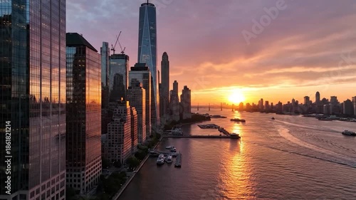 Wallpaper Mural Aerial view of a city skyline at sunset, with tall buildings reflecting the sun's warm colors Torontodigital.ca