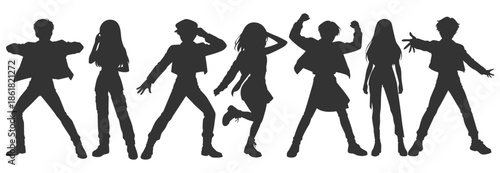 Set silhouette illustrations kpop music star idol singing and dancing on stage. Modern group dancers with various styles, poses and choreography. Korean pop cultures. Bundle flat vector rapper.