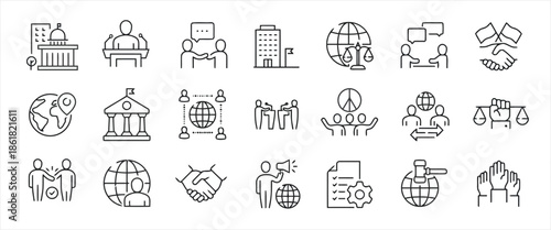 Set of Business and Finance Line Icons Collection Vector Isolated on White Background Such as Government, Meeting, Negotiations, Buildings, Justice, Agreement and More 200