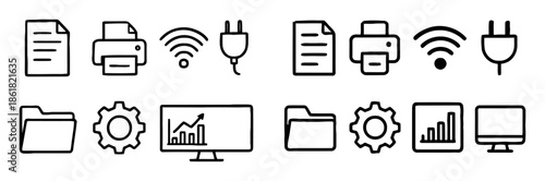 Set of business and office equipment icons in line style such as document file printer folder chart gear plug and wifi network