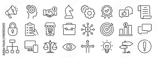 Set of Business and Strategy Line Icons such as Megaphone, Head, Handshake, Knight, Gears, Badge, List, Store, Briefcase, Target, Chart, Computer and Scales