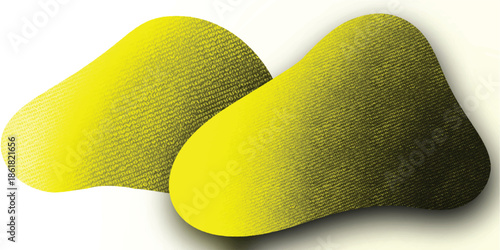 Two abstract yellow and green shapes with textured surfaces casting soft shadows on a white background