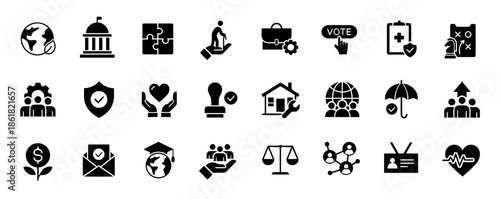 Set of Business Corporate and Social Responsibility Icons Such as Earth Government Puzzle Aged Care Vote Clipboard Strategy Teamwork Protection Approved Maintenance